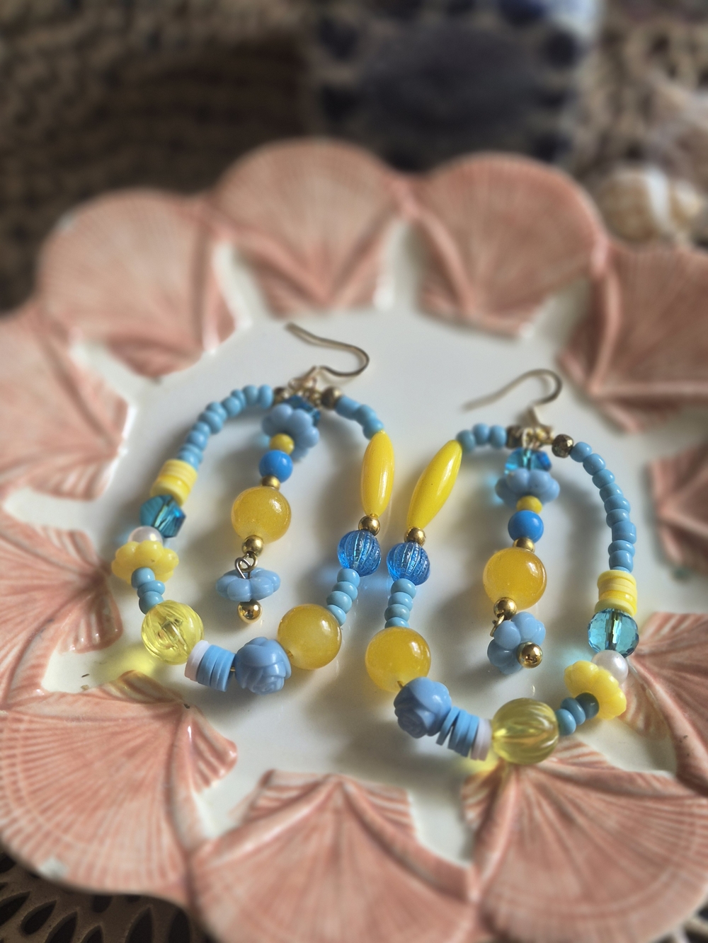 Handmade Blue and Yellow Beaded Hoop Earrings